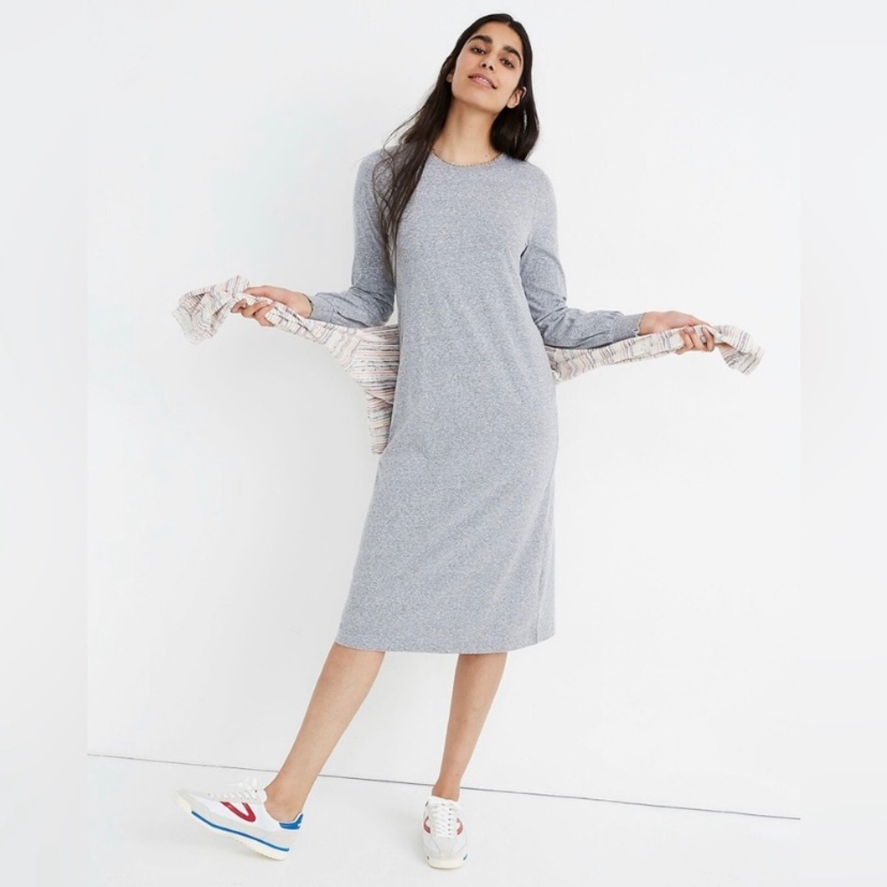 Madewell Long Sleeve Midi T-Shirt Dress Grey Crewneck Size Large Comfy 🌹